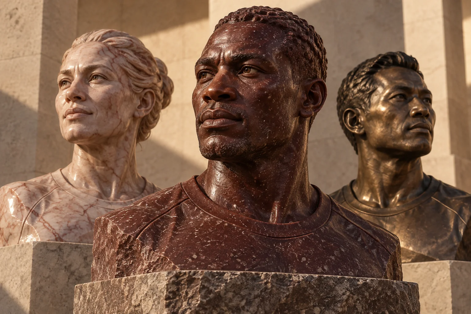 Original sculpture portraits in rose stone, deep red porphyry and bronze