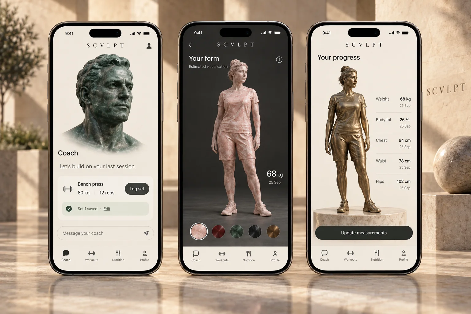 Generated design concepts for future personal sculptures in pink stone and bronze, not available features
